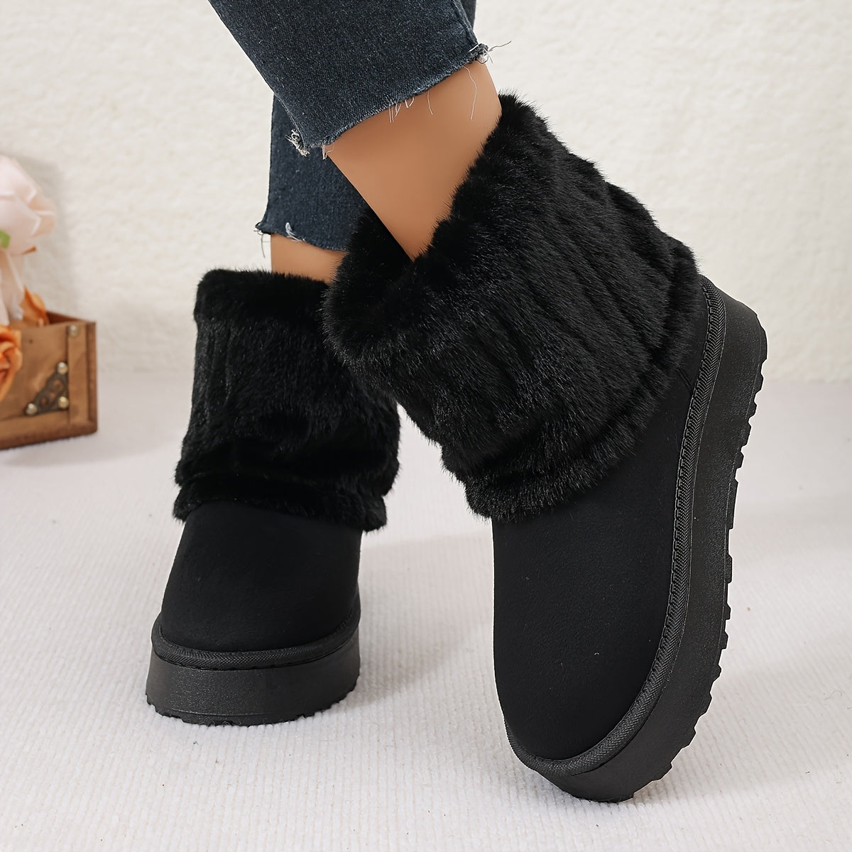 Women's Plush Cuff Snow Boots Platform Fold-Over Suede Winter Warm Slip-On