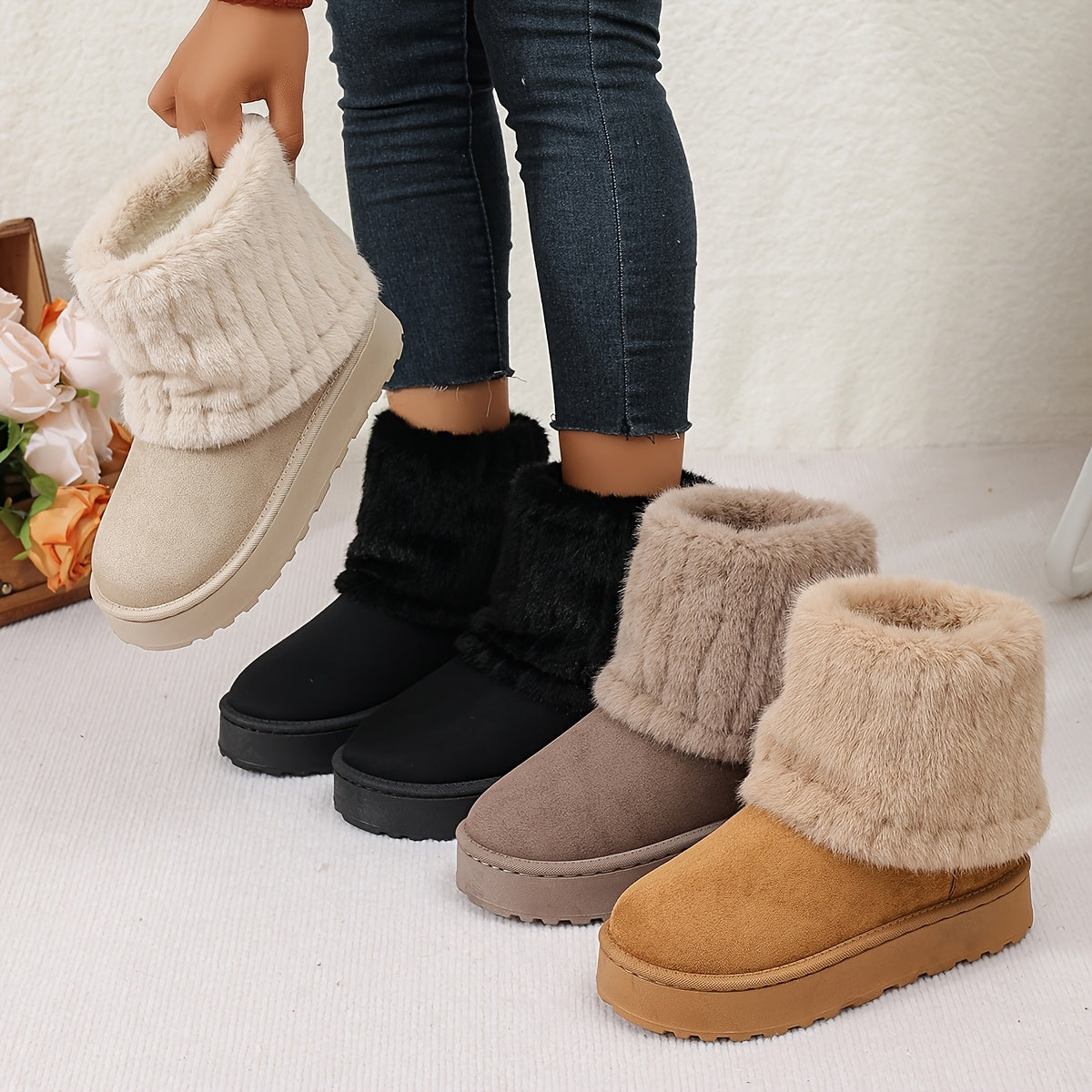 Women's Plush Cuff Snow Boots Platform Fold-Over Suede Winter Warm Slip-On