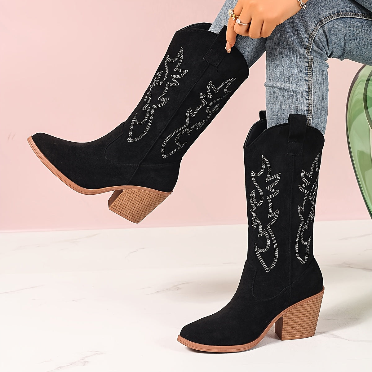Women's Suede Western Boots Embroidered Block Heel Pointed-Toe Black