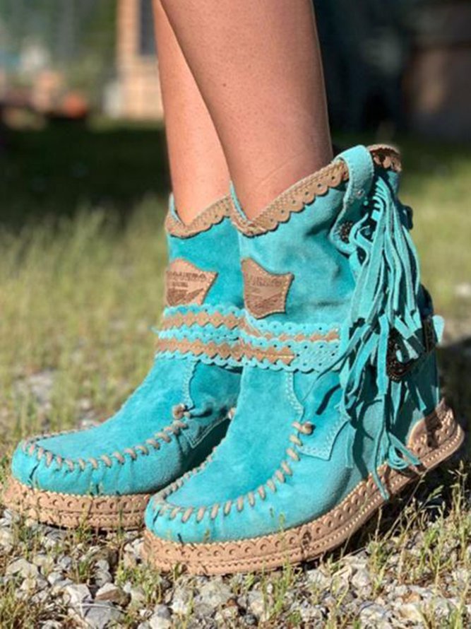 Women's Boho Fringe Ankle Boots Western Whipstitch Tassel Wedge Studded
