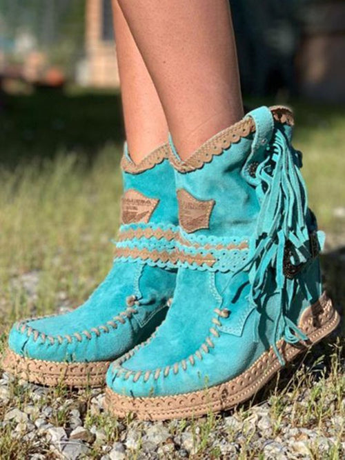 Women's Boho Fringe Ankle Boots Western Whipstitch Tassel Wedge Studded