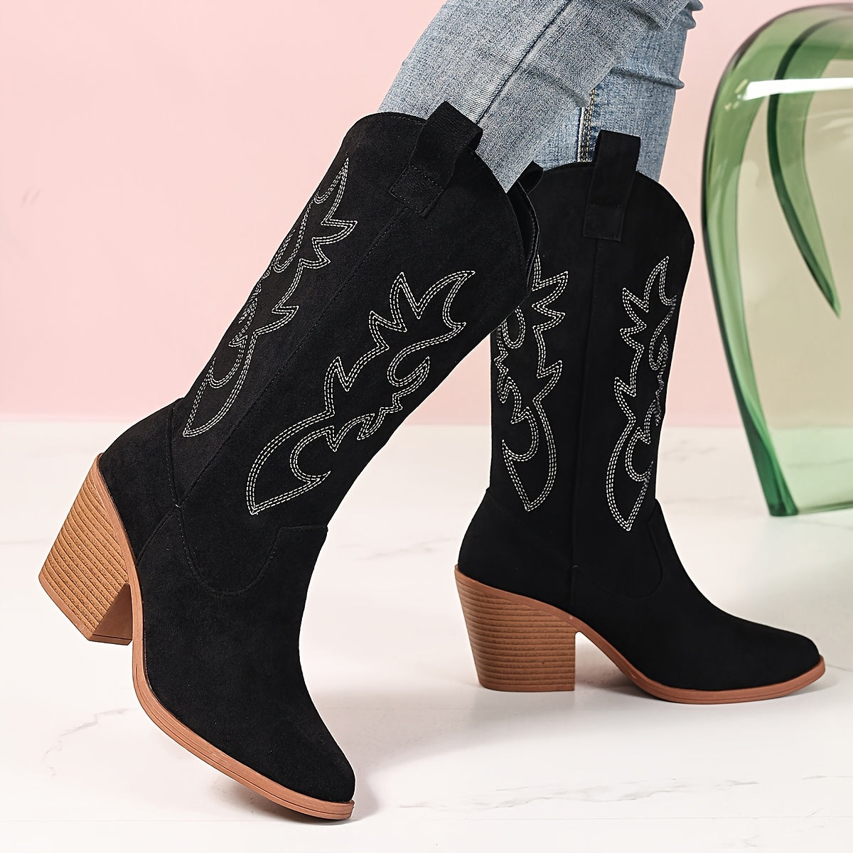 Women's Suede Western Boots Embroidered Block Heel Pointed-Toe Black