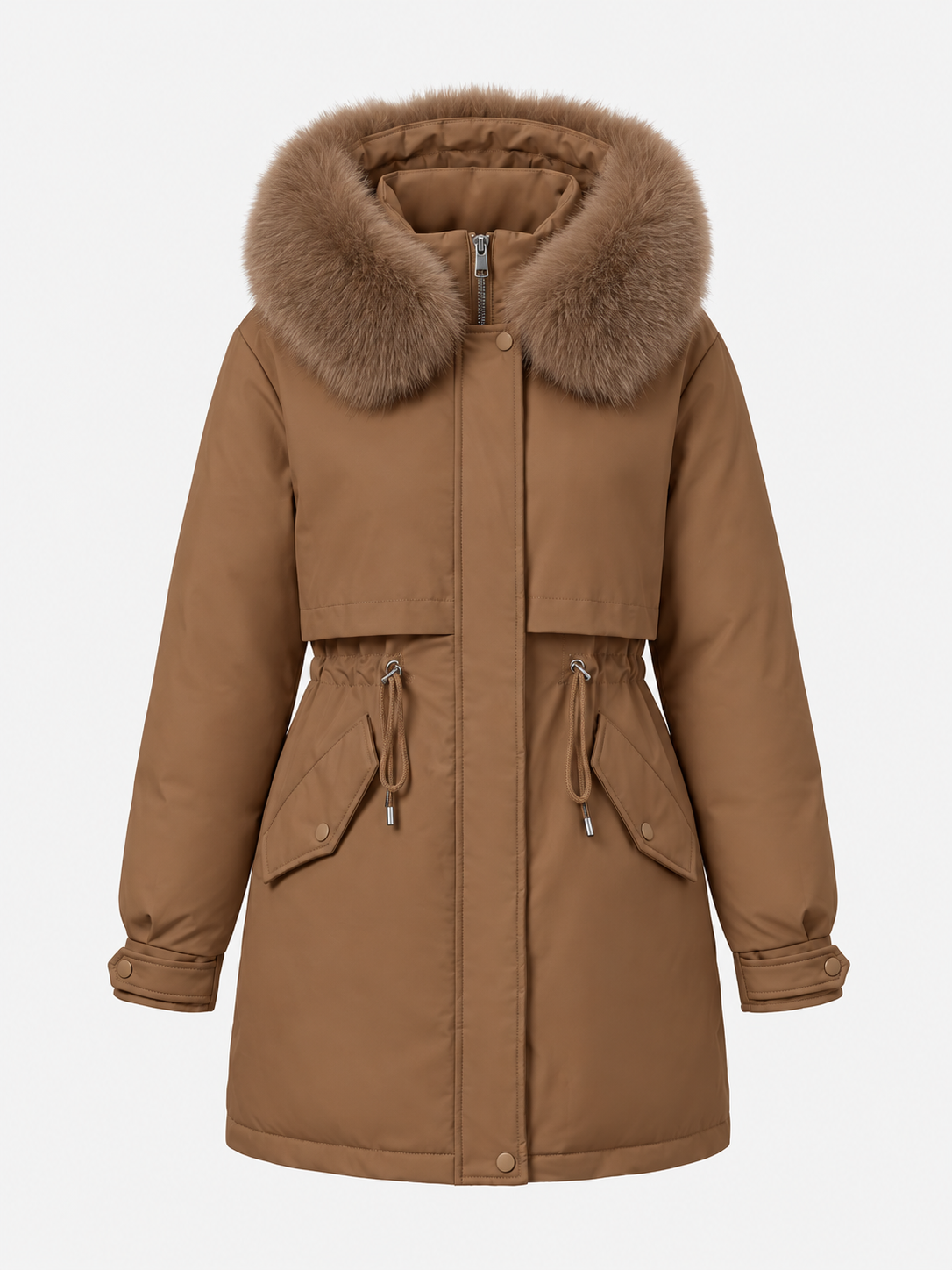 Women's Faux-Fur Hooded Parka Drawstring Waist Zip-Up Padded Flap-Pocket Warm