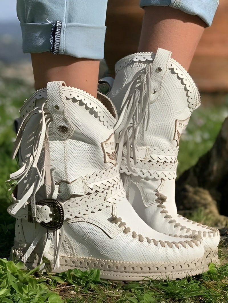 Women's Boho Fringe Ankle Boots Western Whipstitch Tassel Wedge Studded