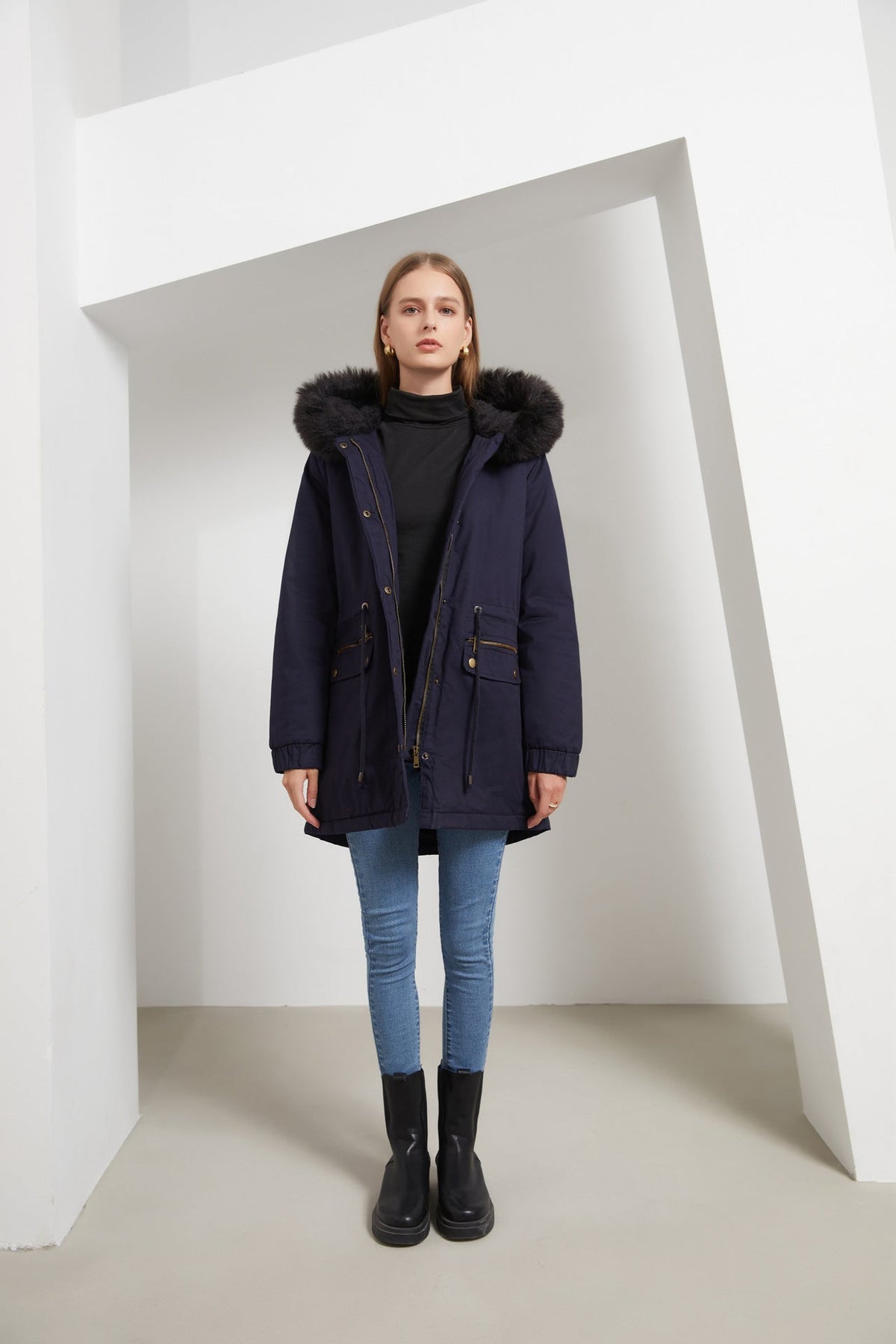 Women's Fleece-Lined Hooded Parka Faux-Fur Trim Drawstring Zip-Up Warm