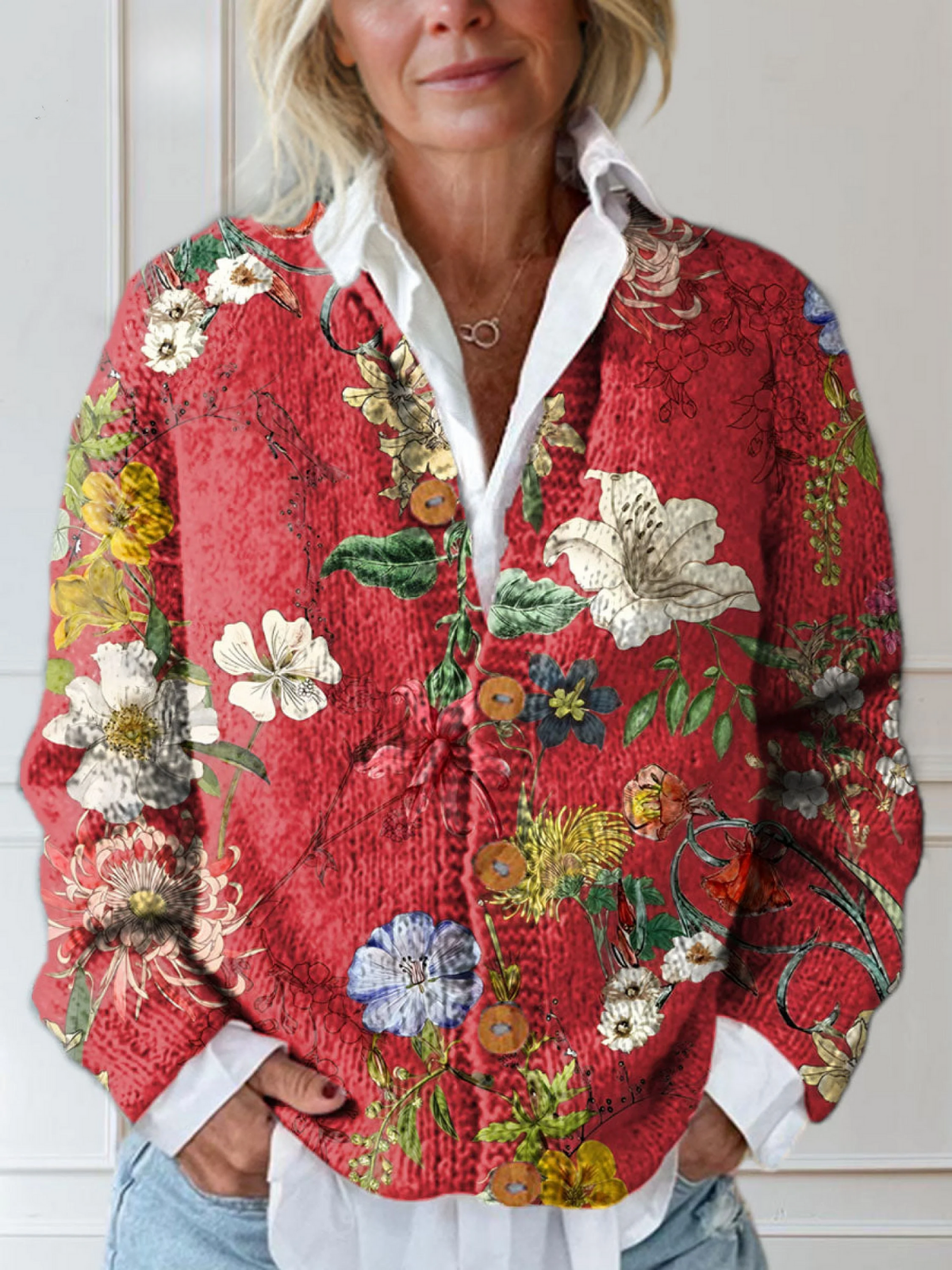 Women's Floral Print Knit Cardigan Button-Front Vintage Long-Sleeve Red