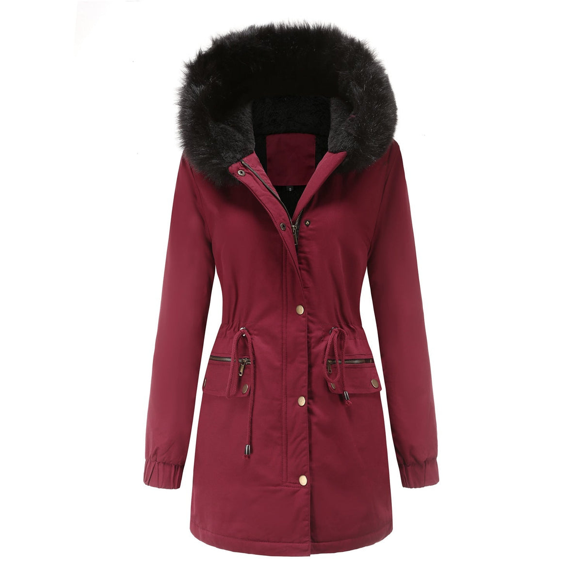 Women's Fleece-Lined Hooded Parka Faux-Fur Trim Drawstring Zip-Up Warm