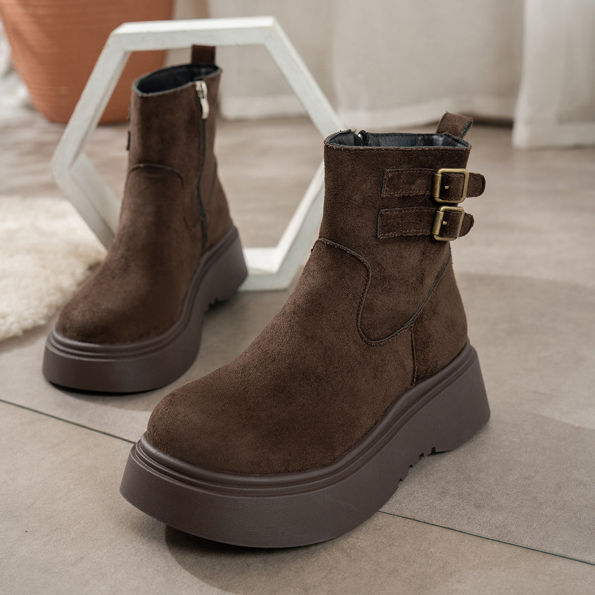 Women's Suede Ankle Boots Double Buckle Side-Zip Platform Lug-Sole Round-Toe