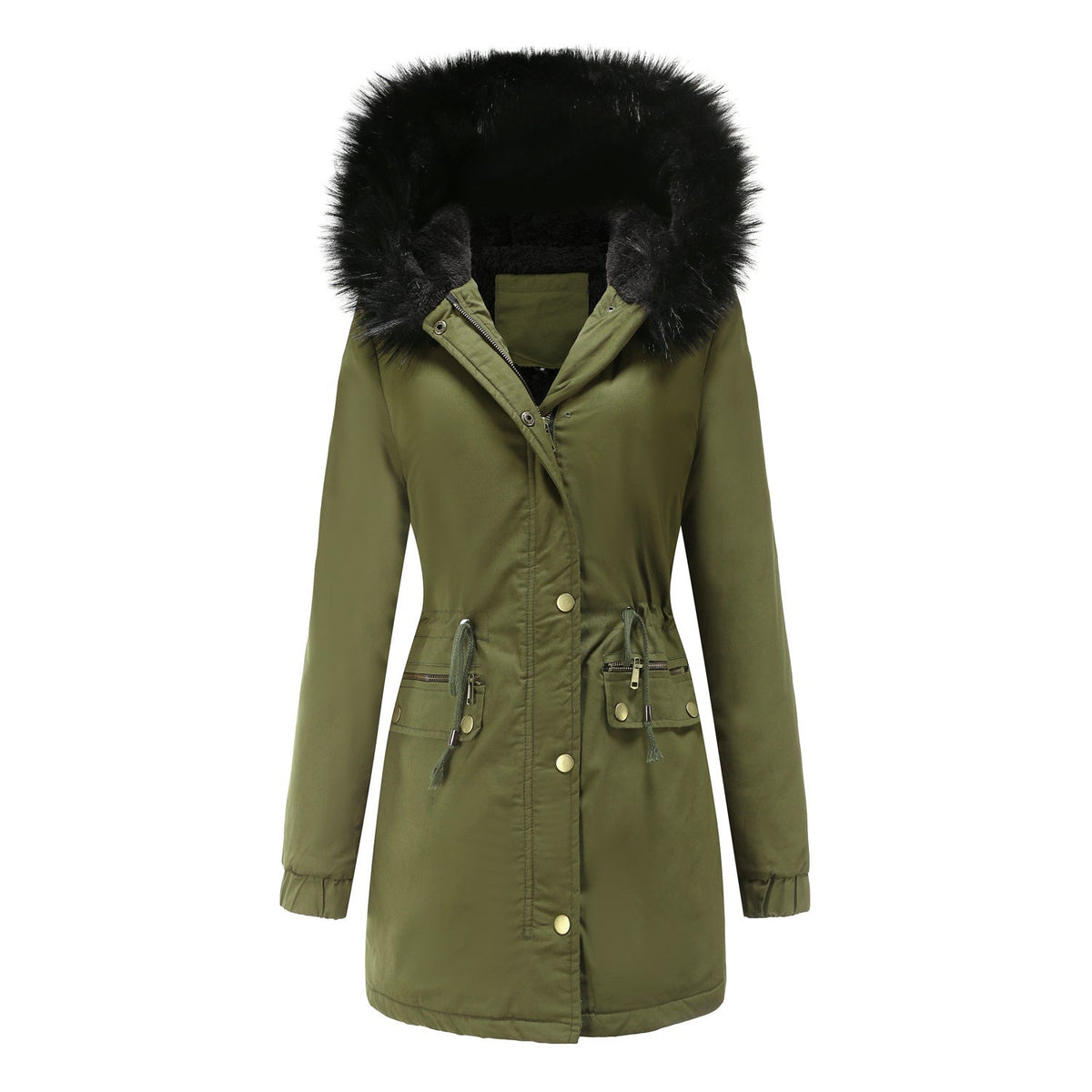 Women's Fleece-Lined Hooded Parka Faux-Fur Trim Drawstring Zip-Up Warm