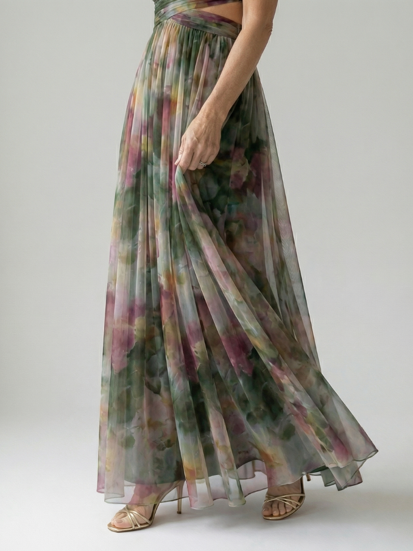 Women's Floral Chiffon Maxi Dress V-Neck Wrap Tulle Flowy Elegant