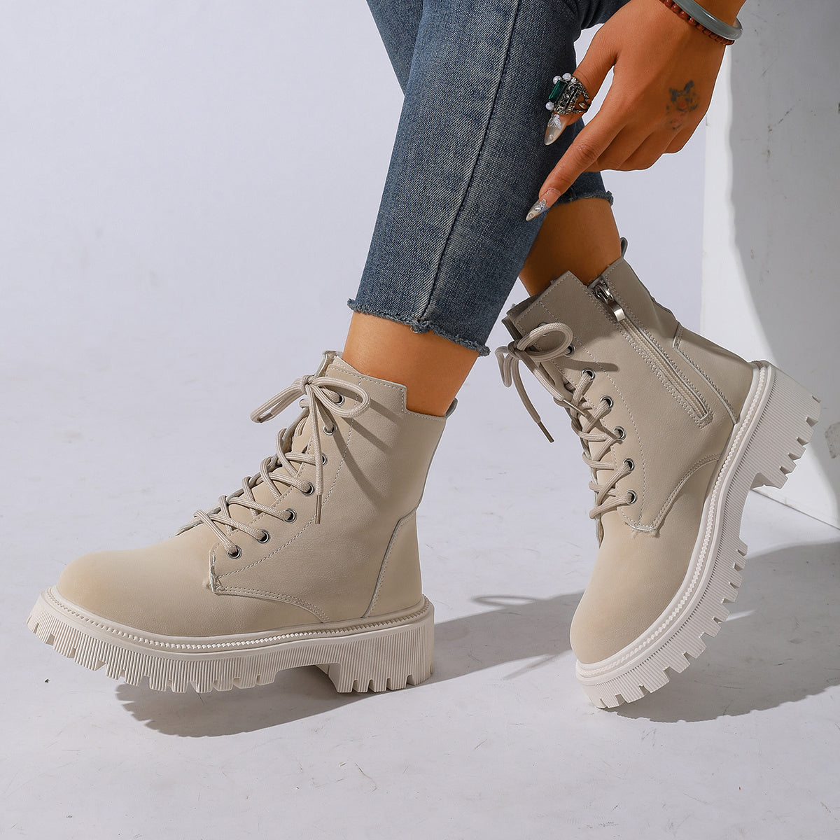 Women's Platform Combat Boots Lace-Up Side-Zip Lug-Sole Fleece-Lined Ankle