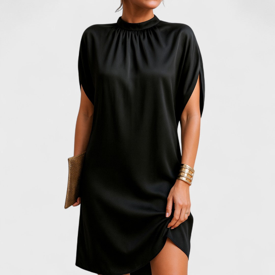 Women's Satin Mini Dress High Neck Split-Sleeve Loose Cocoon Black