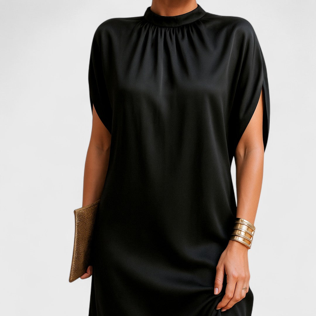Women's Satin Mini Dress High Neck Split-Sleeve Loose Cocoon Black