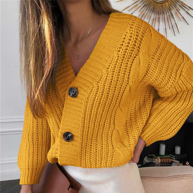 Women's Chunky Cable Knit Cardigan V-Neck Button-Front Cropped Relaxed
