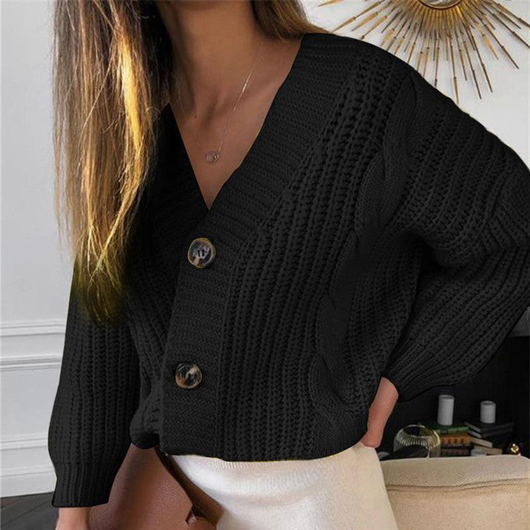 Women's Chunky Cable Knit Cardigan V-Neck Button-Front Cropped Relaxed