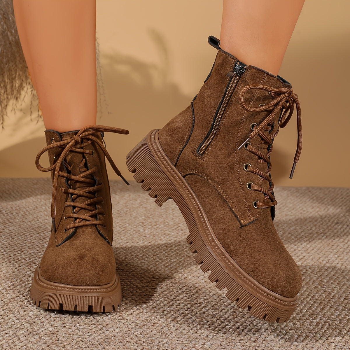 Women's Suede Combat Ankle Boots Lace-Up Side-Zip Platform Lug-Sole Brown