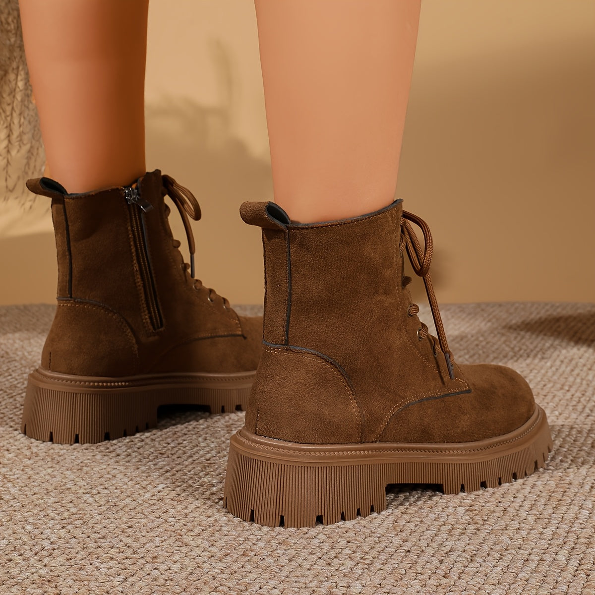 Women's Suede Combat Ankle Boots Lace-Up Side-Zip Platform Lug-Sole Brown