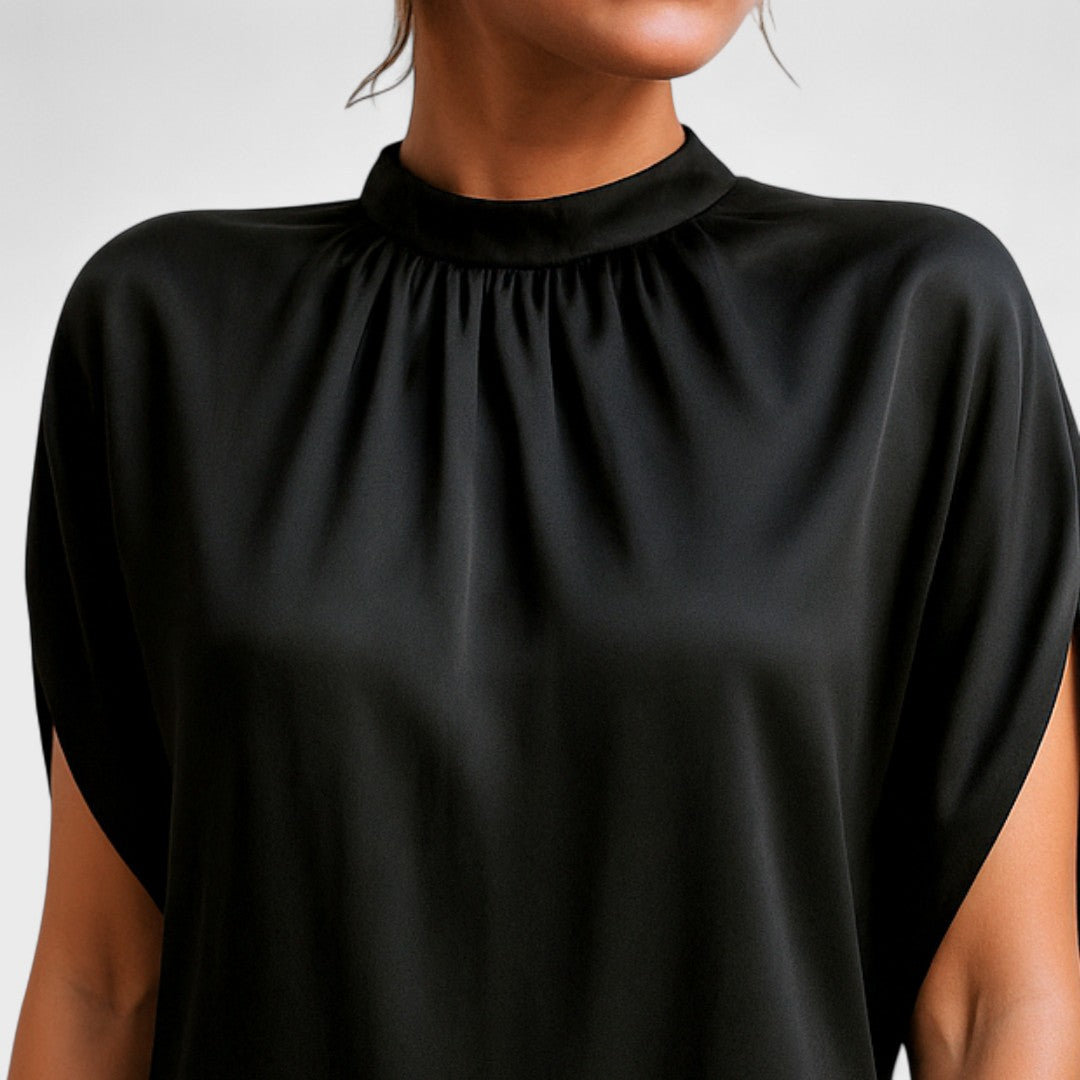 Women's Satin Mini Dress High Neck Split-Sleeve Loose Cocoon Black