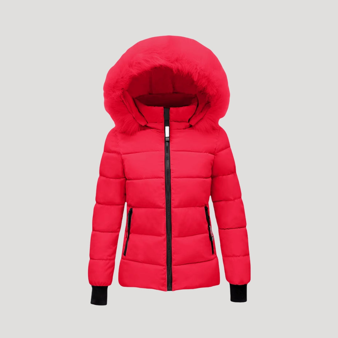 Women's Puffer Jacket Faux-Fur Hood Quilted Full-Zip Ribbed-Cuff Fitted