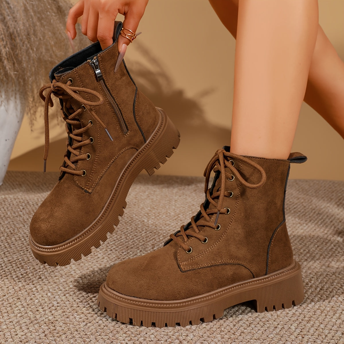 Women's Suede Combat Ankle Boots Lace-Up Side-Zip Platform Lug-Sole Brown