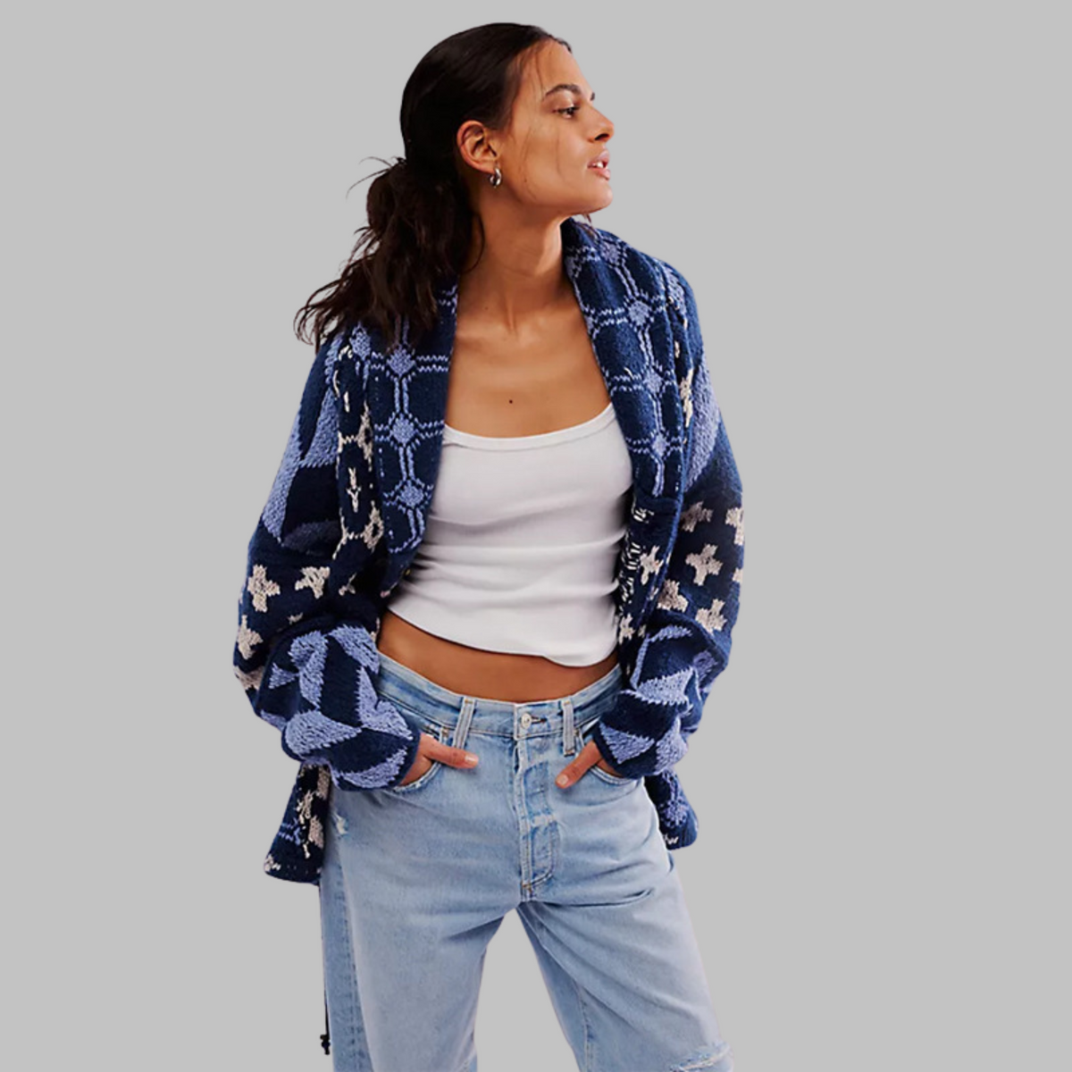 Women's Geometric Knit Cardigan Button-Front Oversized Aztec Drawstring Relaxed