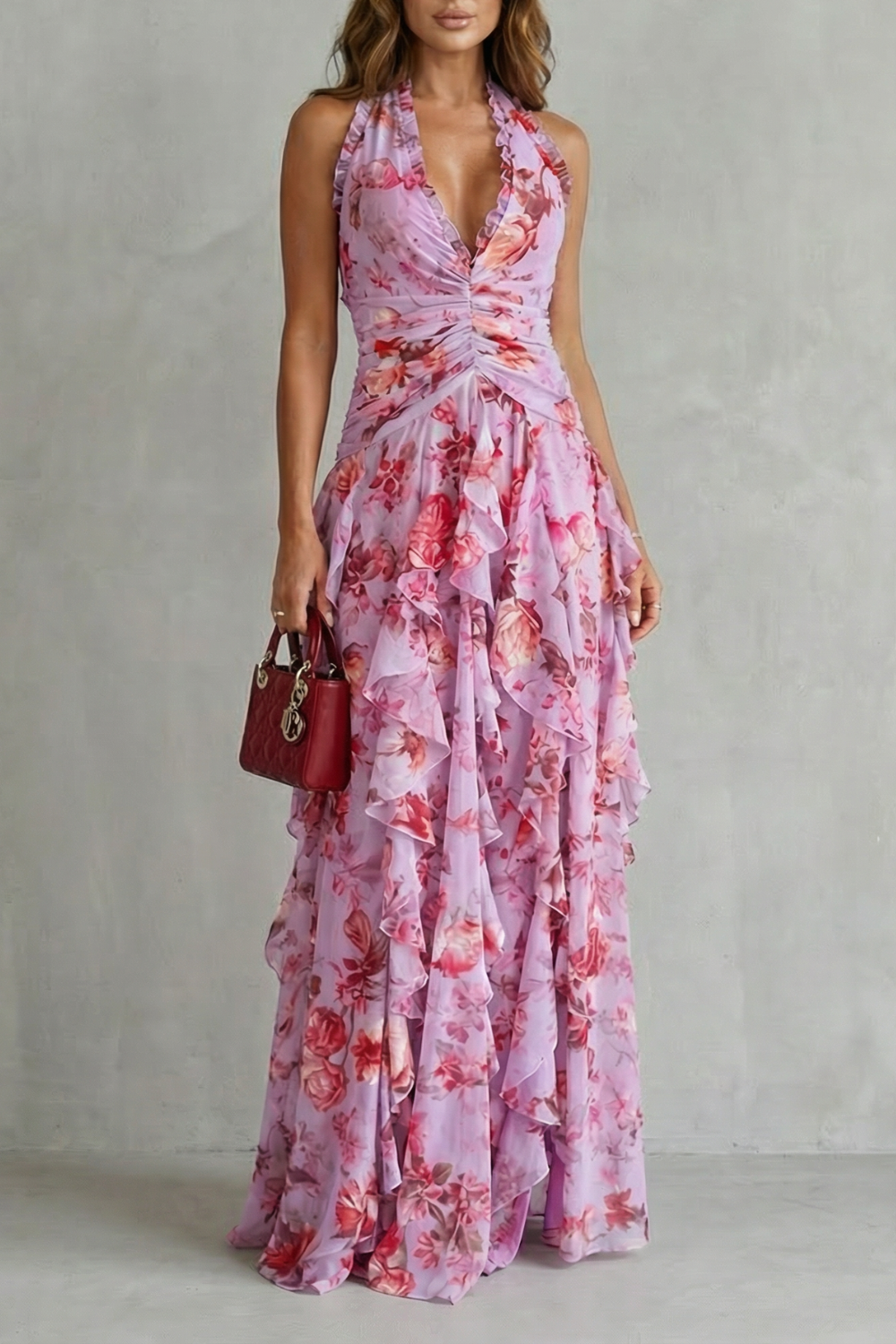 Women's Floral Maxi Dress Halter Neck Ruffle Cascade Deep-V Flowy Elegant