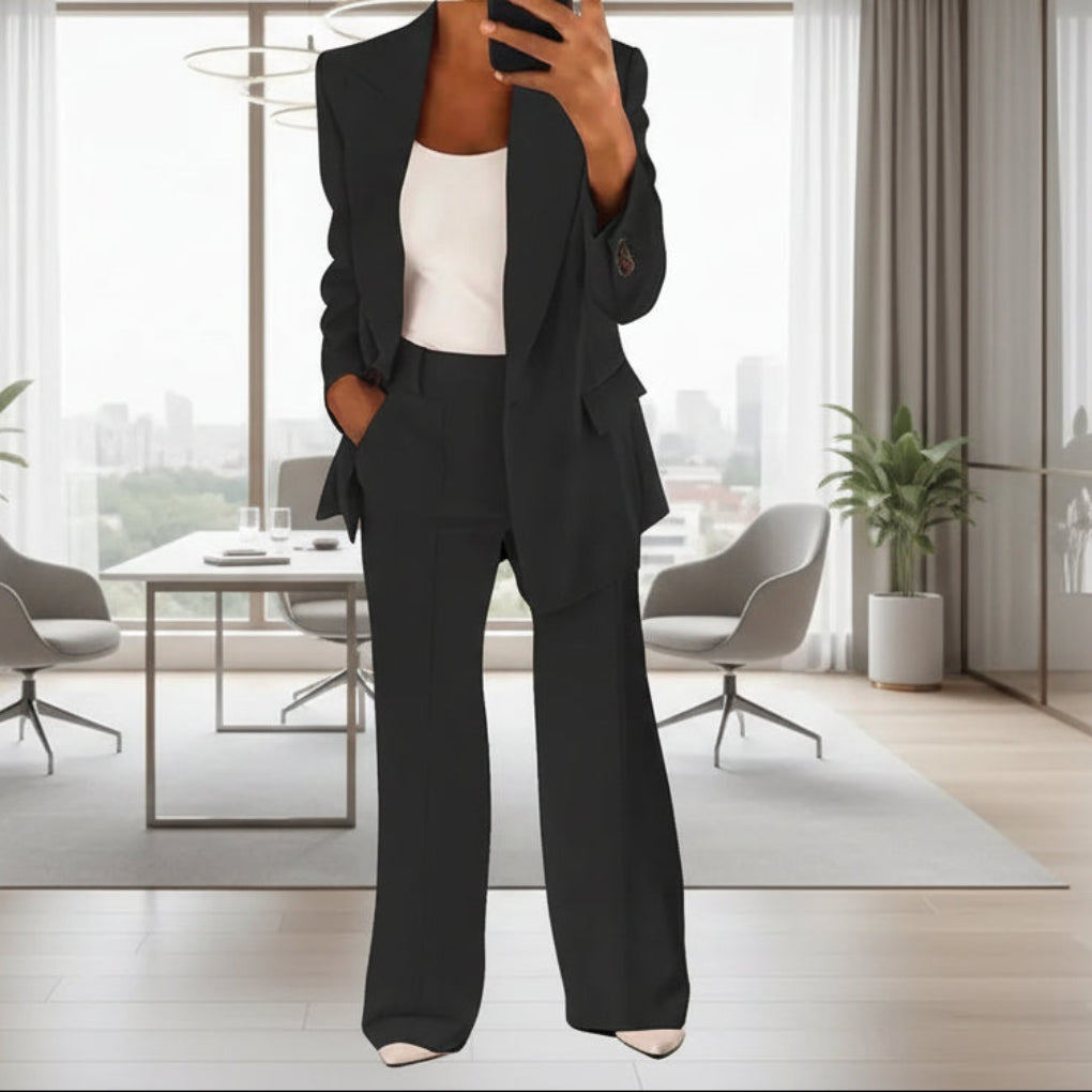 Women's Two-Piece Blazer Suit Set Notch Lapel Blazer Wide-Leg Pants Tailored Pant Suit