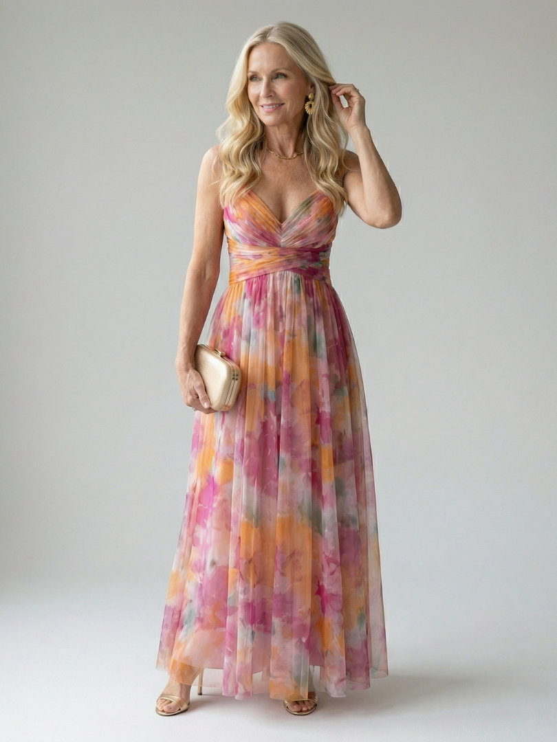 Women's Floral Chiffon Maxi Dress V-Neck Wrap Tulle Flowy Elegant