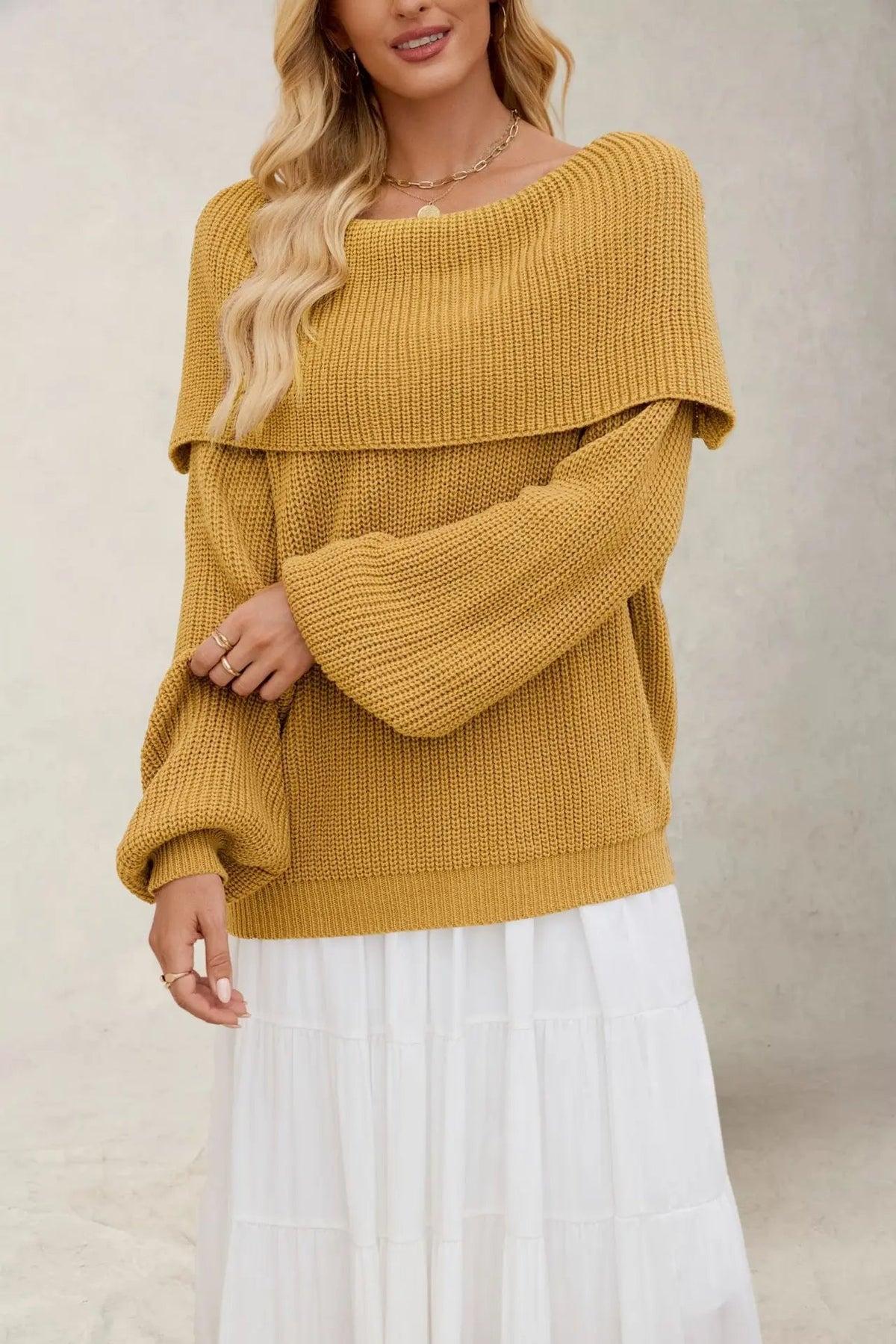 Women's Off-Shoulder Knit Sweater Foldover Bardot Balloon-Sleeve Oversized Chunky