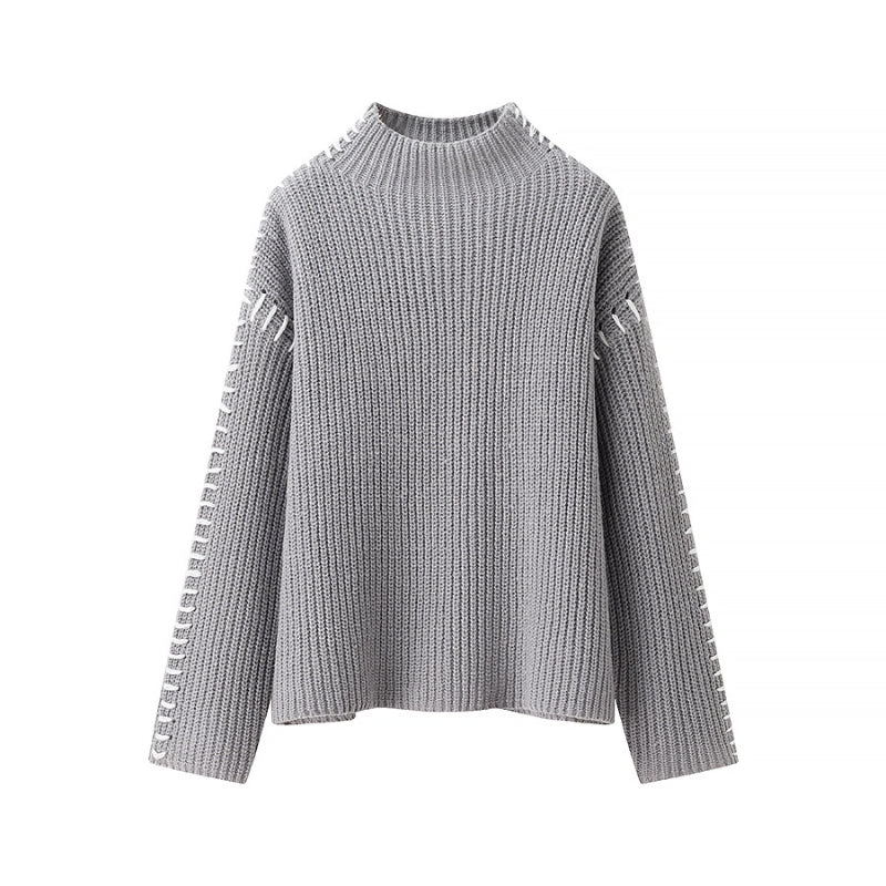 Women's Turtleneck Knit Sweater Contrast Whipstitch Sleeve Relaxed Drop-Shoulder