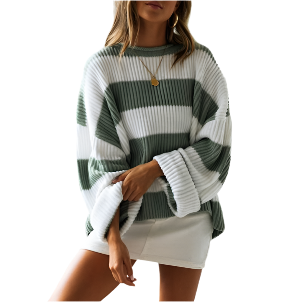 Women's Striped Ribbed Knit Sweater Crewneck Oversized Drop-Shoulder Relaxed