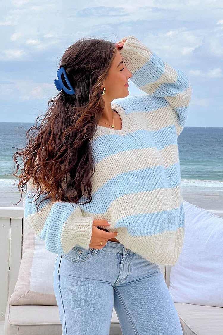 Women's Striped Chunky Knit Sweater Off-Shoulder Oversized Hand-Knit Relaxed