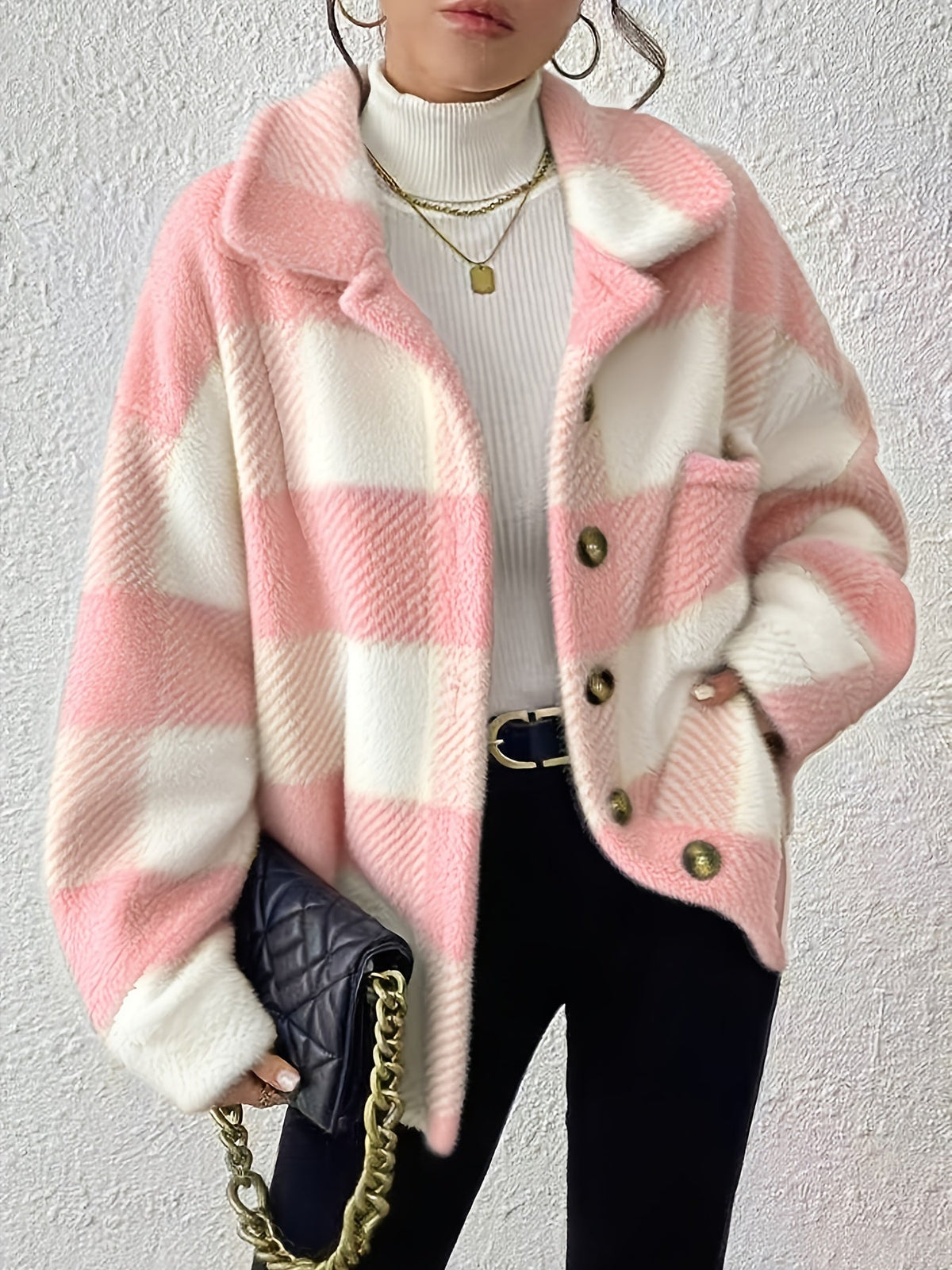 Women's Plaid Plush Shacket Button-Front Collared Teddy Fleece Oversized Warm