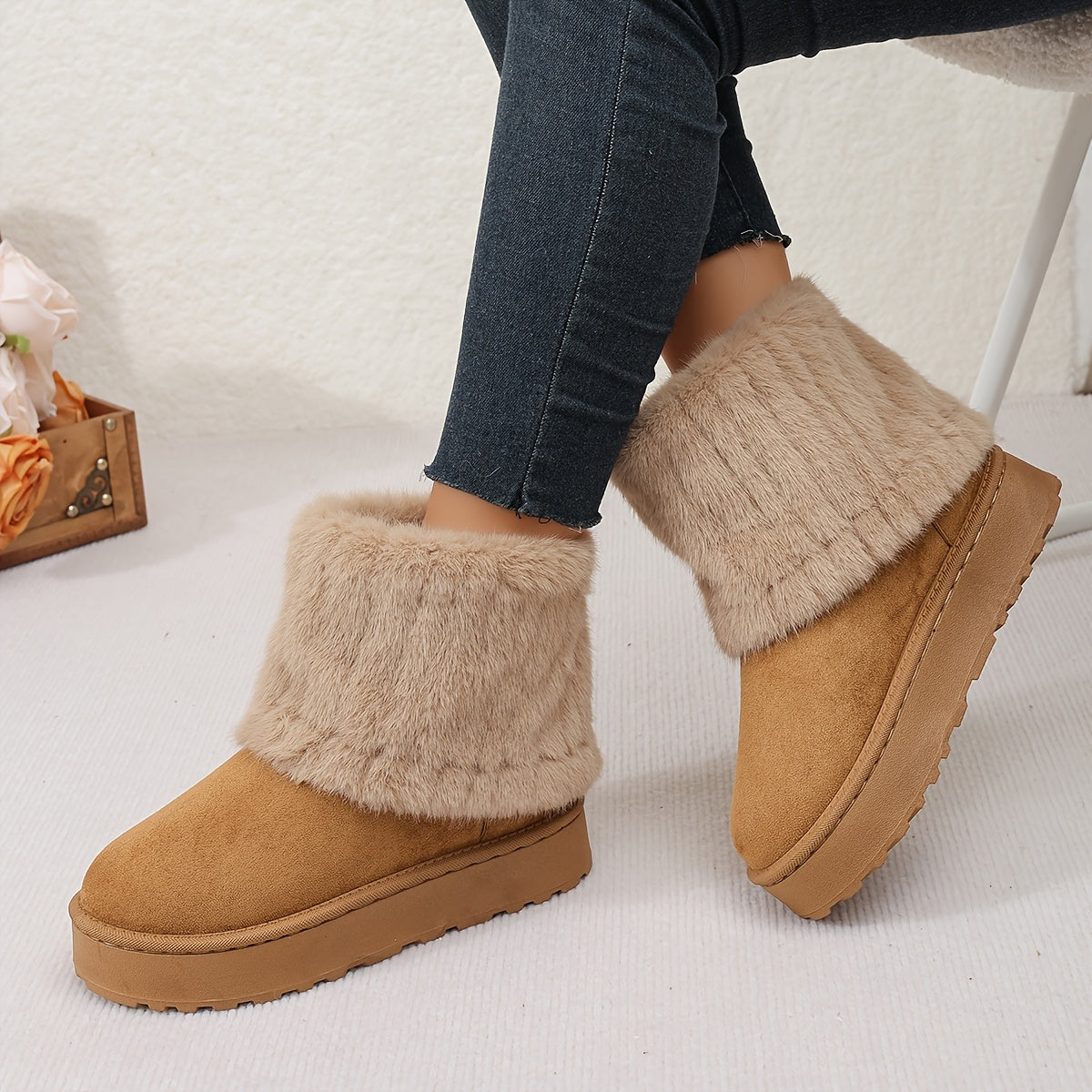 Women's Plush Cuff Snow Boots Platform Fold-Over Suede Winter Warm Slip-On