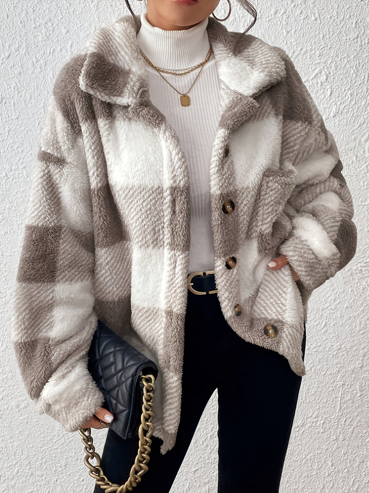 Women's Plaid Plush Shacket Button-Front Collared Teddy Fleece Oversized Warm