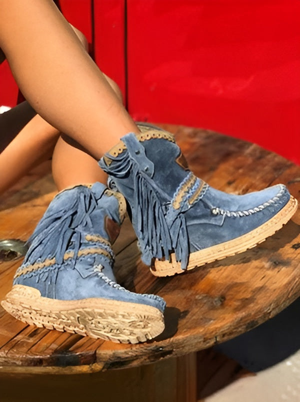 Women's Boho Fringe Ankle Boots Western Whipstitch Tassel Wedge Studded