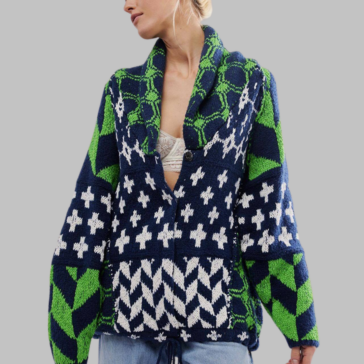 Women's Geometric Knit Cardigan Button-Front Oversized Aztec Drawstring Relaxed