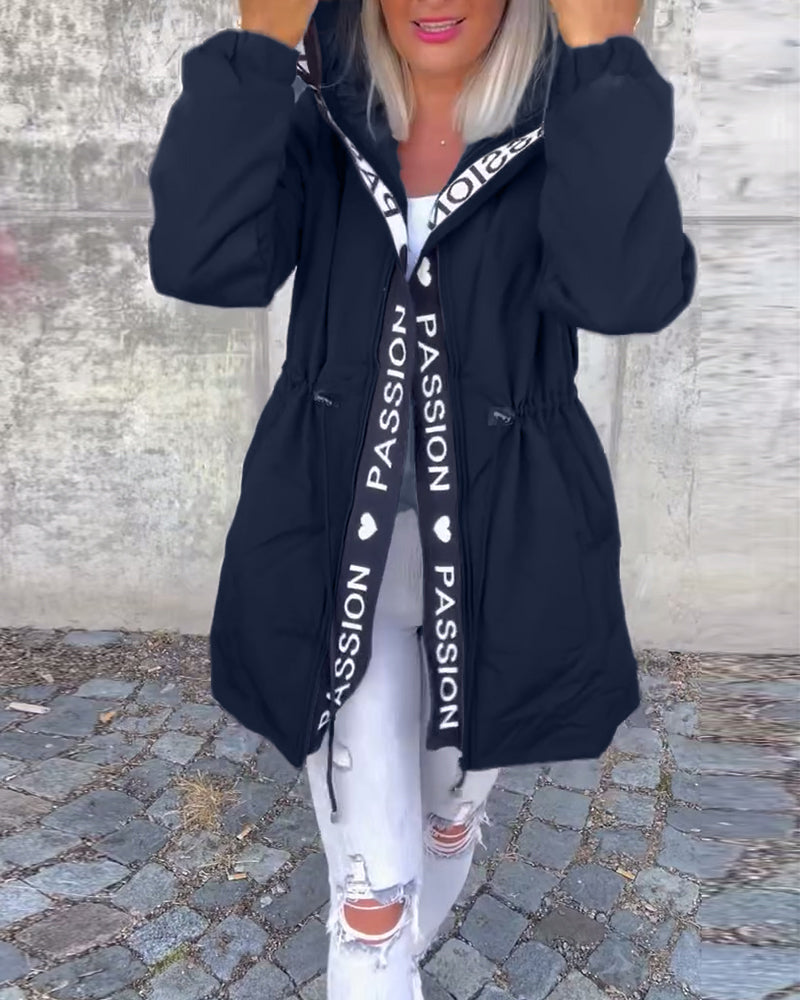 Women's Hooded Padded Coat Drawstring Waist Letter-Trim Zip-Up Warm