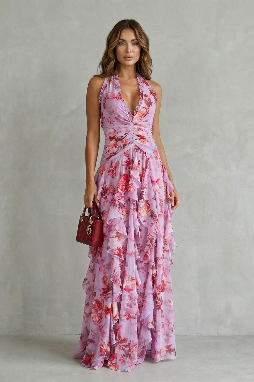 Women's Floral Maxi Dress Halter Neck Ruffle Cascade Deep-V Flowy Elegant