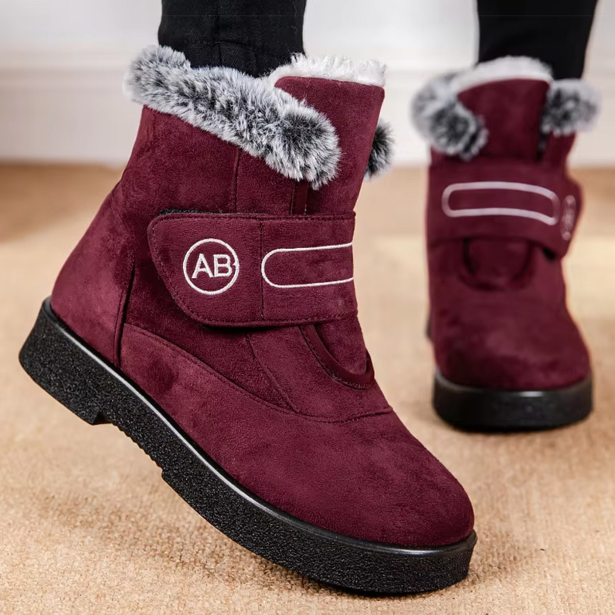 Women's Fur-Lined Snow Boots Suede Velcro-Strap Fur-Cuff Non-Slip Warm