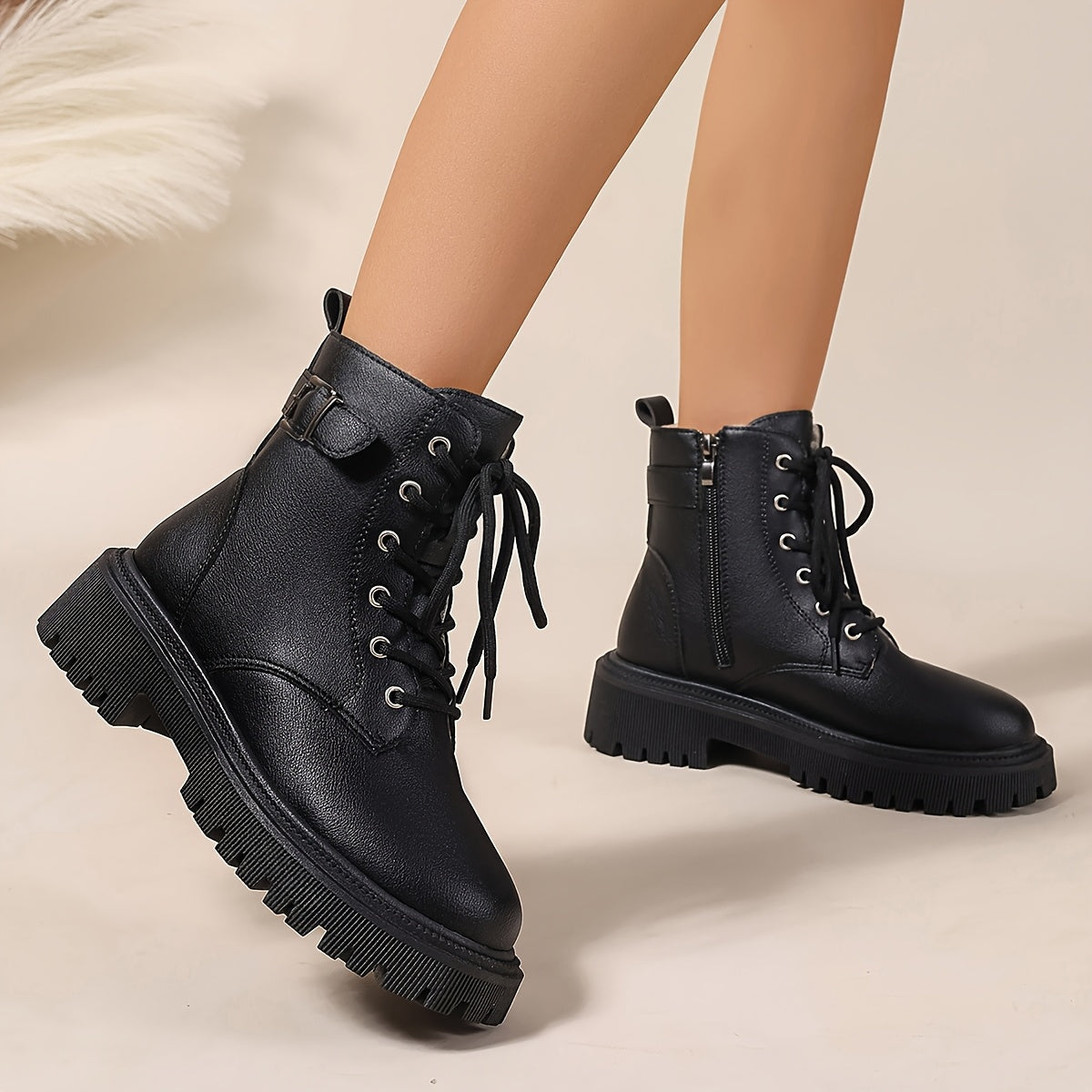 Women's Combat Boots Lace-Up Side-Zip Platform Fur-Lined Ankle Black