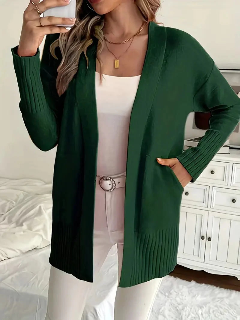Women's Open-Front Knit Cardigan Ribbed-Trim Longline Drop-Shoulder Pockets Relaxed