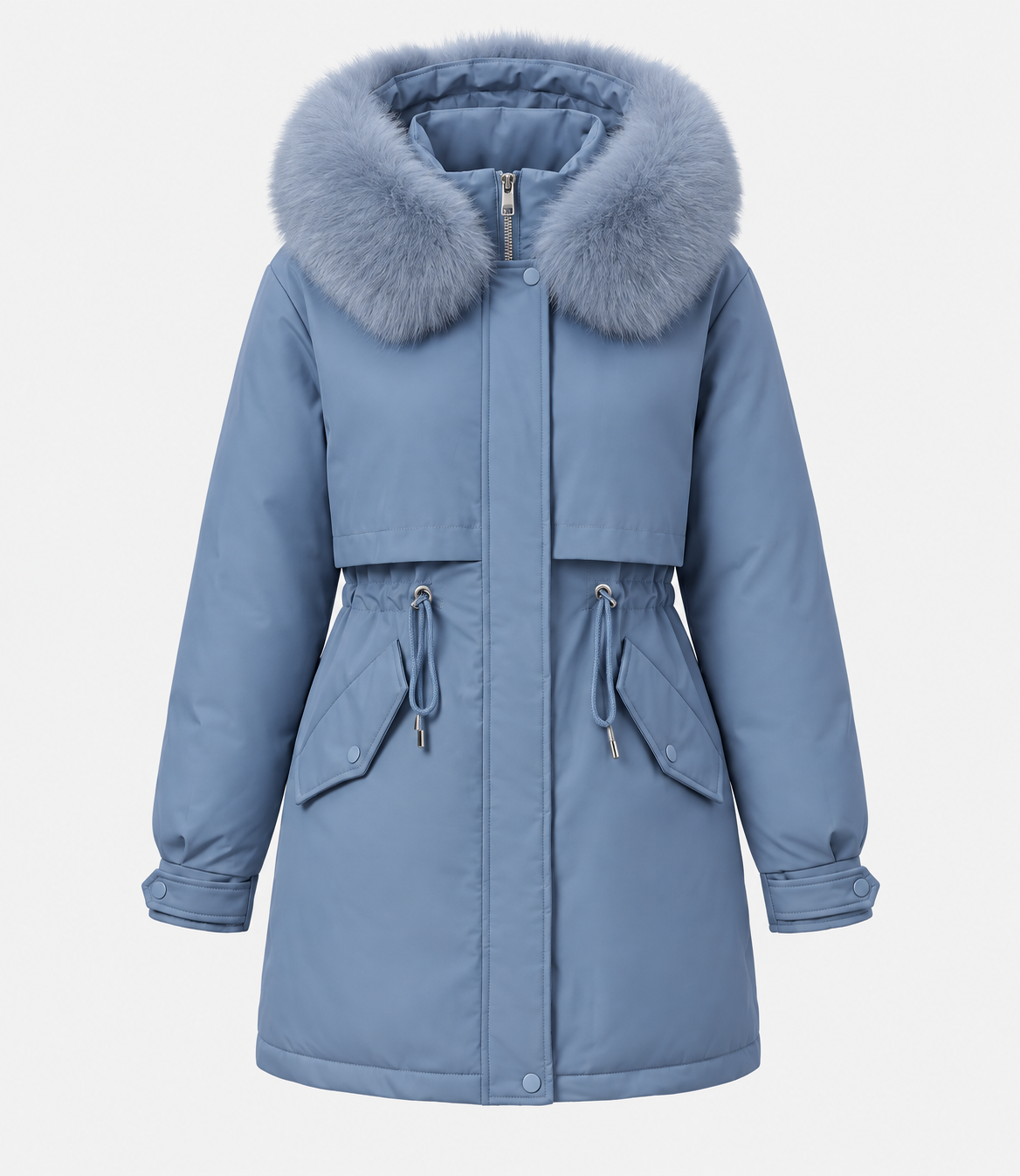 Women's Faux-Fur Hooded Parka Drawstring Waist Zip-Up Padded Flap-Pocket Warm