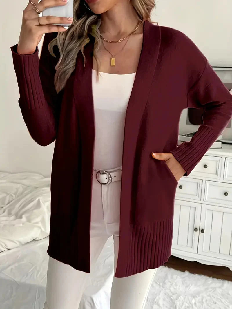 Women's Open-Front Knit Cardigan Ribbed-Trim Longline Drop-Shoulder Pockets Relaxed