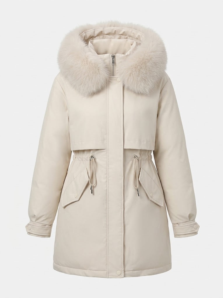 Women's Faux-Fur Hooded Parka Drawstring Waist Zip-Up Padded Flap-Pocket Warm