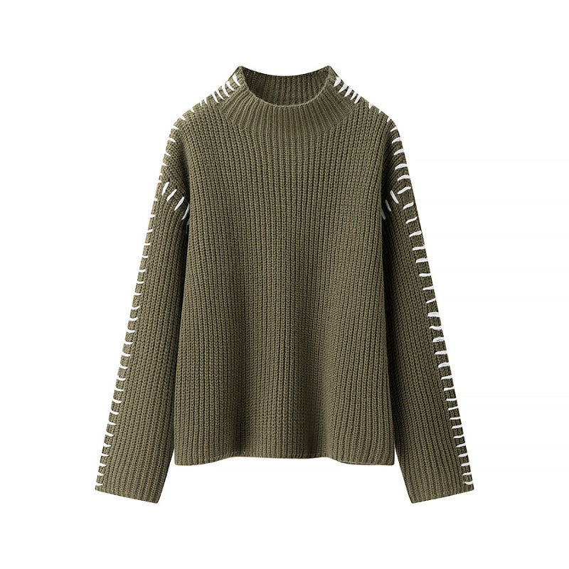 Women's Turtleneck Knit Sweater Contrast Whipstitch Sleeve Relaxed Drop-Shoulder