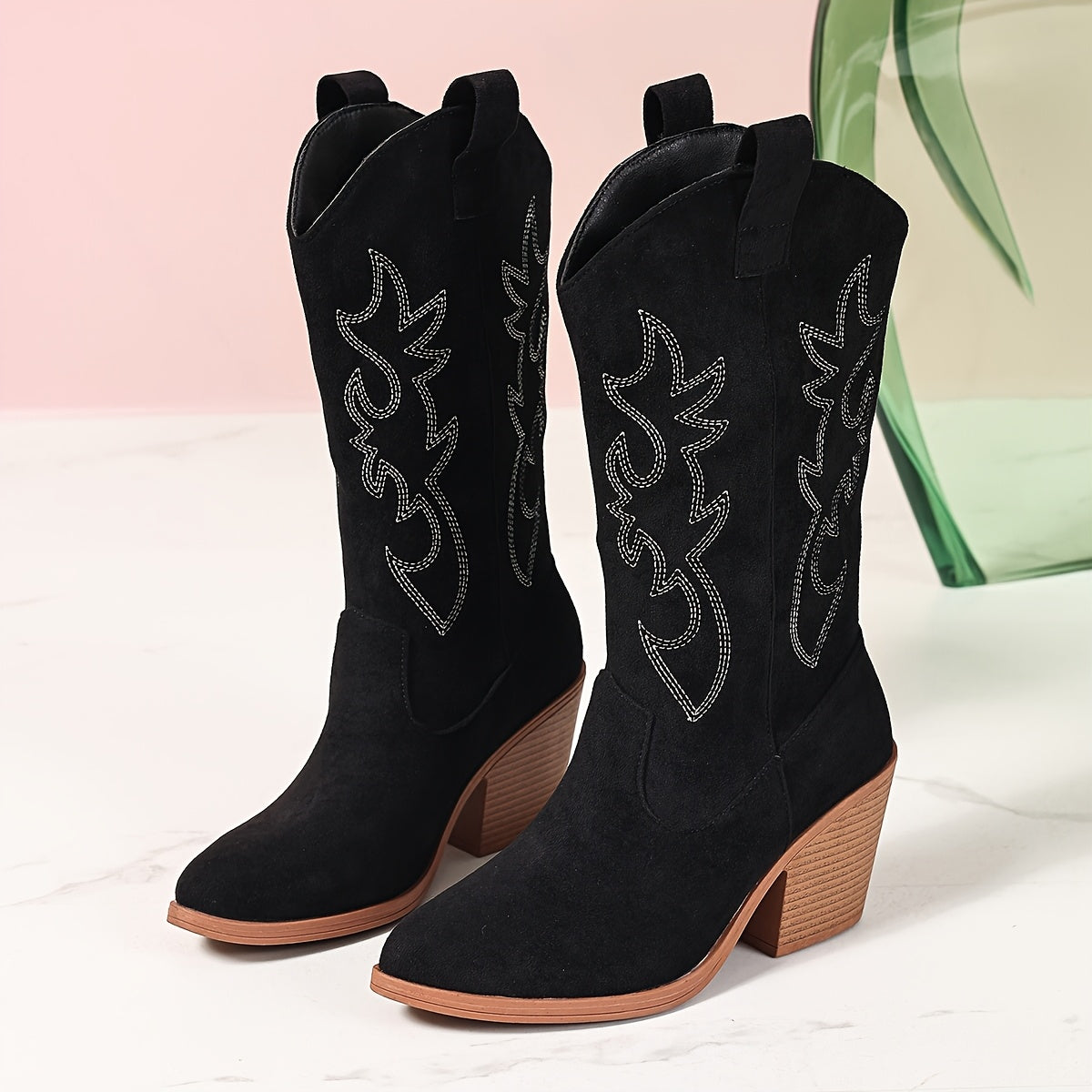 Women's Suede Western Boots Embroidered Block Heel Pointed-Toe Black