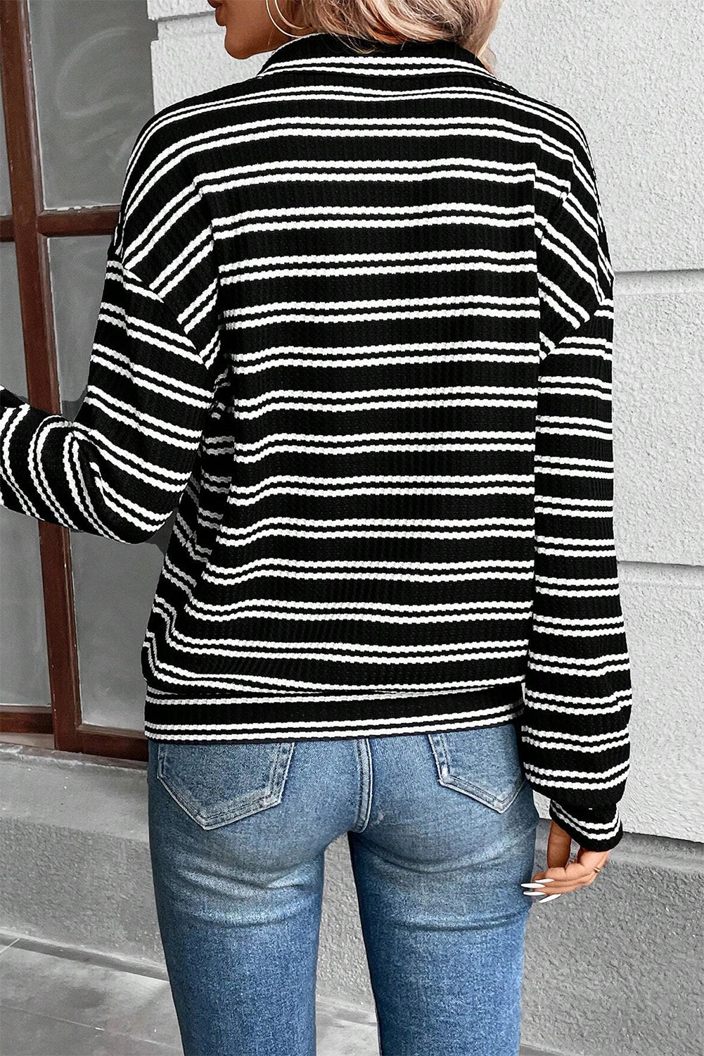 Women's Striped Quarter-Zip Top Collared Textured Drop-Shoulder Relaxed Long-Sleeve
