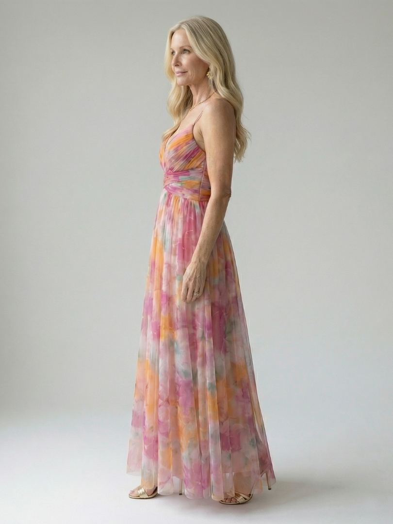 Women's Floral Chiffon Maxi Dress V-Neck Wrap Tulle Flowy Elegant