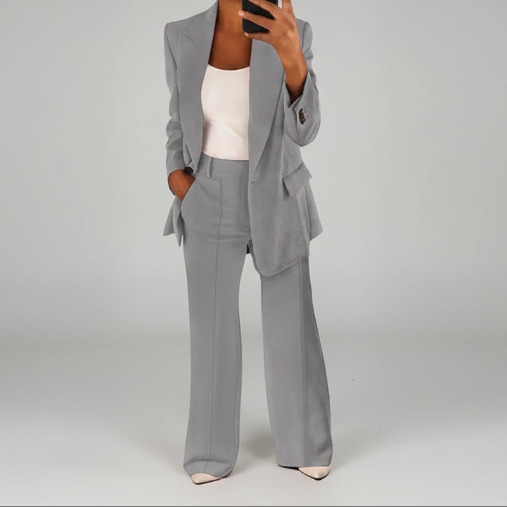 Women's Two-Piece Blazer Suit Set Notch Lapel Blazer Wide-Leg Pants Tailored Pant Suit